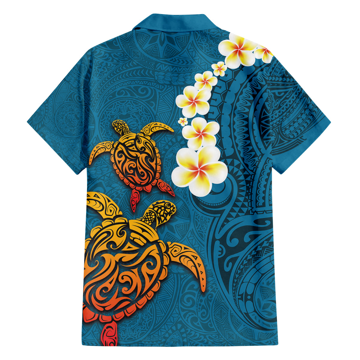Hawaii Turtle Plumeria Flower Family Matching Off Shoulder Short Dress and Hawaiian Shirt Polynesian Pattern Blue Color LT03 - Polynesian Pride