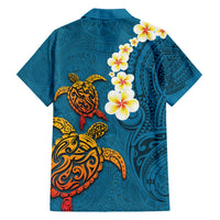 Hawaii Turtle Plumeria Flower Family Matching Off Shoulder Short Dress and Hawaiian Shirt Polynesian Pattern Blue Color LT03 - Polynesian Pride