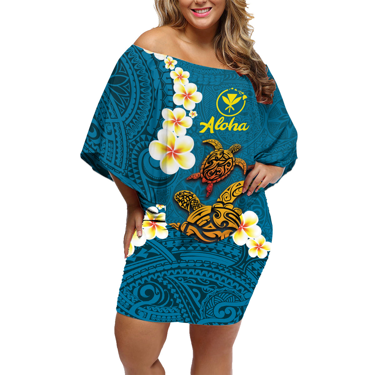 Hawaii Turtle Plumeria Flower Family Matching Off Shoulder Short Dress and Hawaiian Shirt Polynesian Pattern Blue Color LT03 Mom's Dress Blue - Polynesian Pride