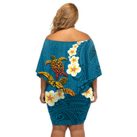 Hawaii Turtle Plumeria Flower Family Matching Off Shoulder Short Dress and Hawaiian Shirt Polynesian Pattern Blue Color LT03 - Polynesian Pride