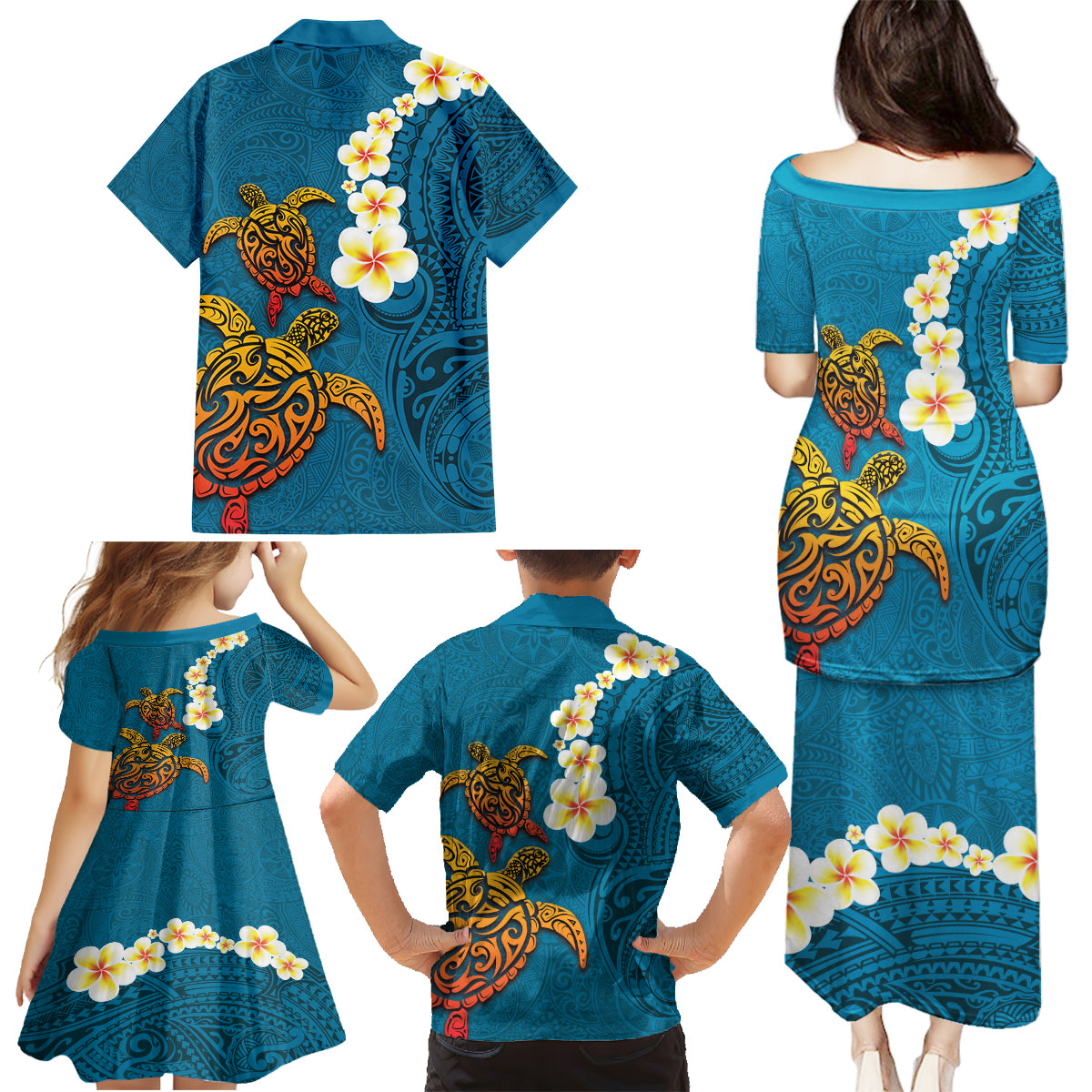 Hawaii Turtle Plumeria Flower Family Matching Puletasi and Hawaiian Shirt Polynesian Pattern Blue Color LT03 - Polynesian Pride