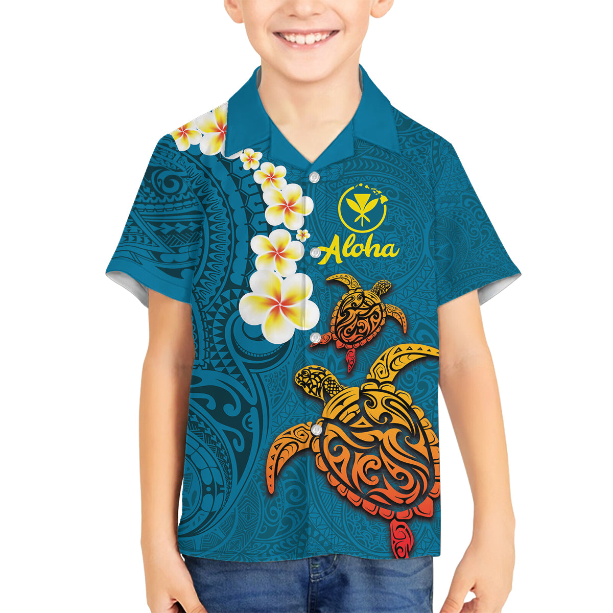 Hawaii Turtle Plumeria Flower Family Matching Puletasi and Hawaiian Shirt Polynesian Pattern Blue Color LT03 Son's Shirt Blue - Polynesian Pride
