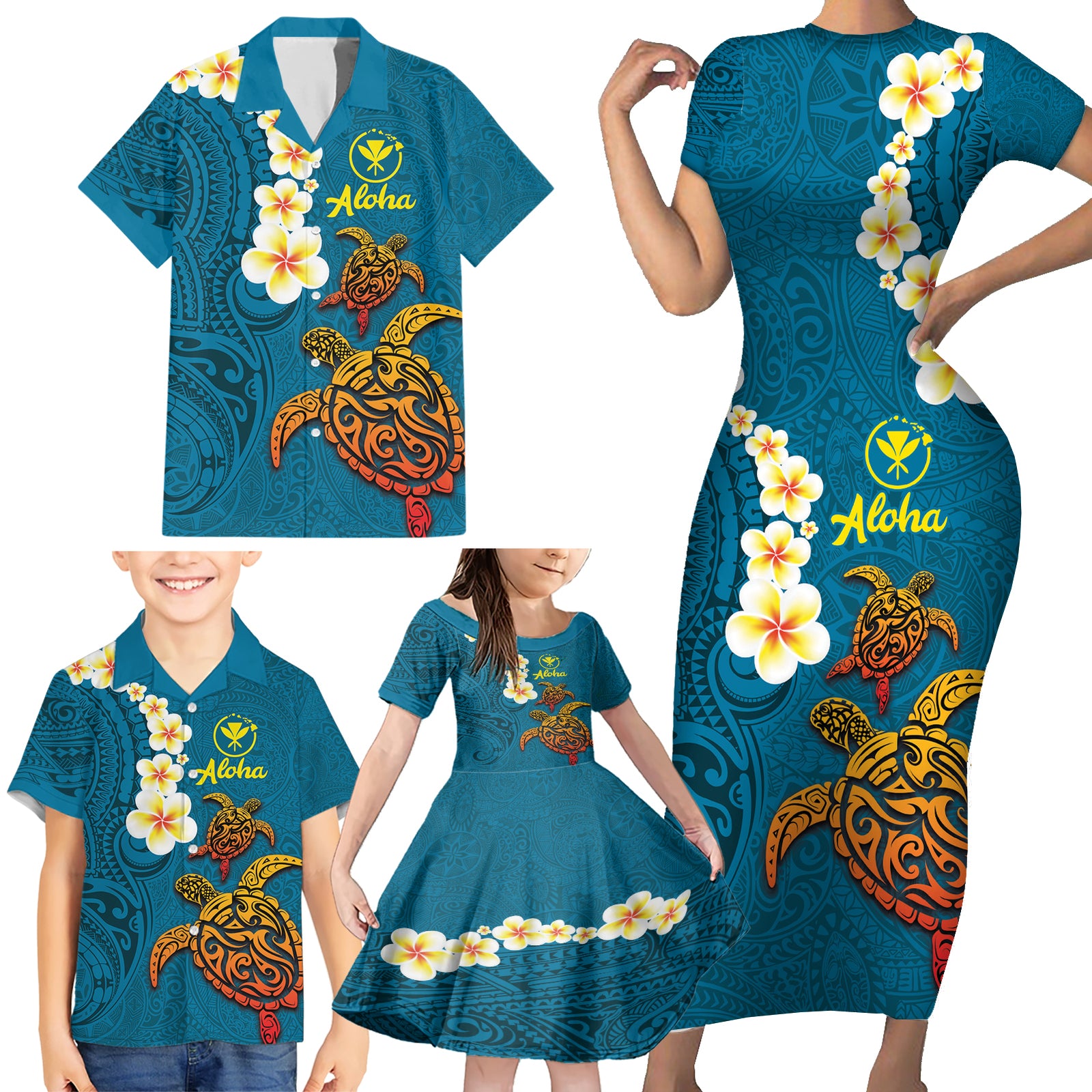 Hawaii Turtle Plumeria Flower Family Matching Short Sleeve Bodycon Dress and Hawaiian Shirt Polynesian Pattern Blue Color LT03 - Polynesian Pride