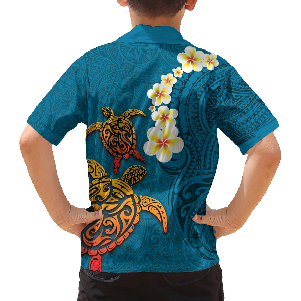 Hawaii Turtle Plumeria Flower Family Matching Summer Maxi Dress and Hawaiian Shirt Polynesian Pattern Blue Color LT03 - Polynesian Pride