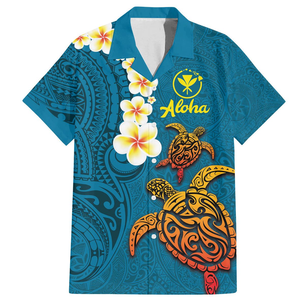 Hawaii Turtle Plumeria Flower Family Matching Summer Maxi Dress and Hawaiian Shirt Polynesian Pattern Blue Color LT03 Dad's Shirt - Short Sleeve Blue - Polynesian Pride