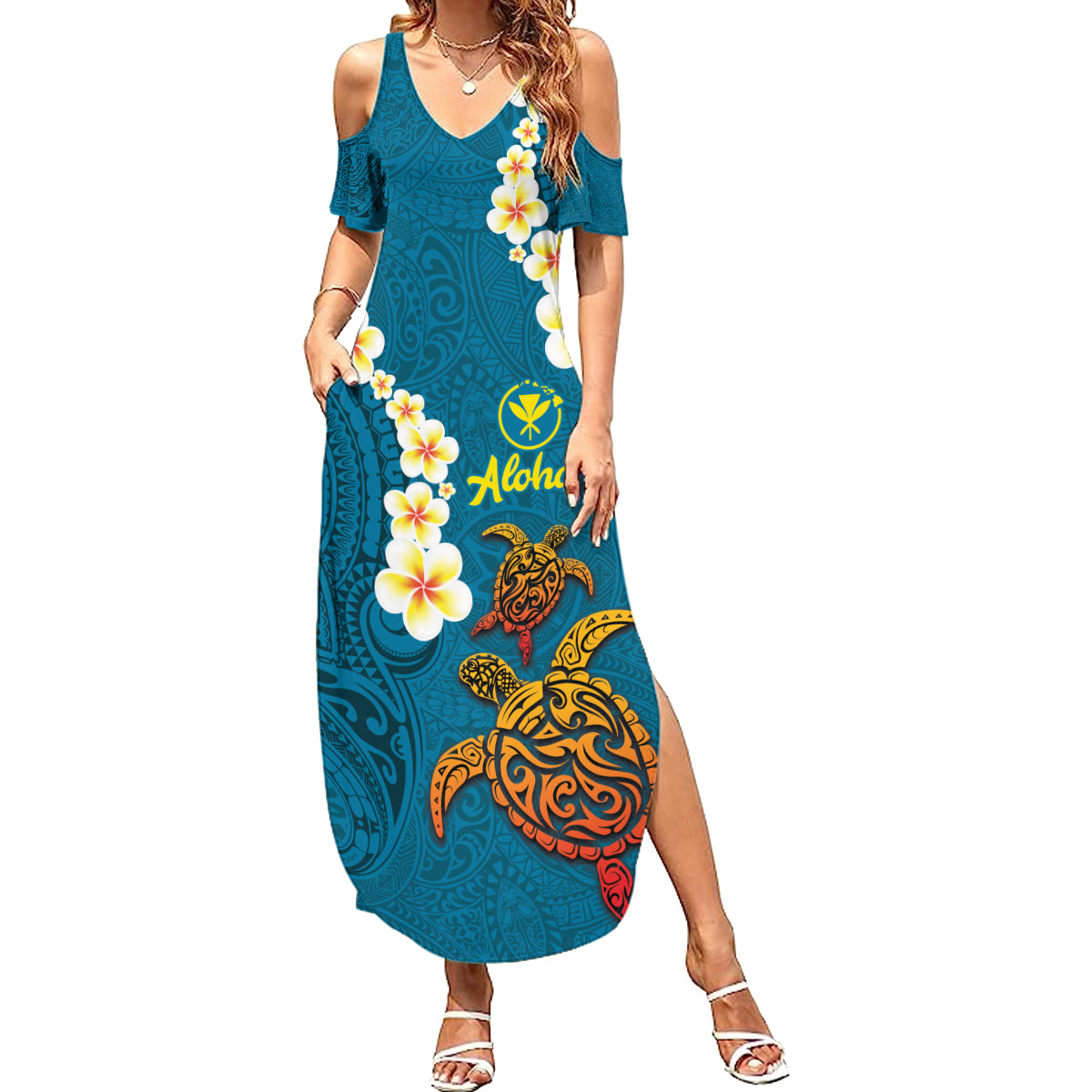 Hawaii Turtle Plumeria Flower Family Matching Summer Maxi Dress and Hawaiian Shirt Polynesian Pattern Blue Color LT03 Mom's Dress Blue - Polynesian Pride
