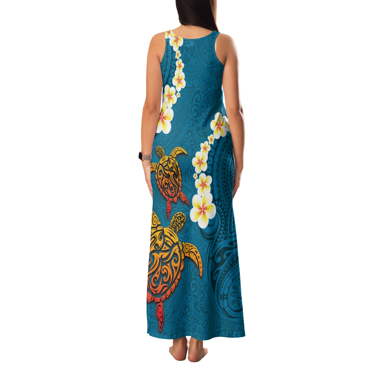 Hawaii Turtle Plumeria Flower Family Matching Tank Maxi Dress and Hawaiian Shirt Polynesian Pattern Blue Color LT03 - Polynesian Pride