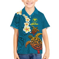 Hawaii Turtle Plumeria Flower Family Matching Tank Maxi Dress and Hawaiian Shirt Polynesian Pattern Blue Color LT03 Son's Shirt Blue - Polynesian Pride