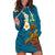 Hawaii Turtle Plumeria Flower Hoodie Dress Polynesian Pattern Blue Color