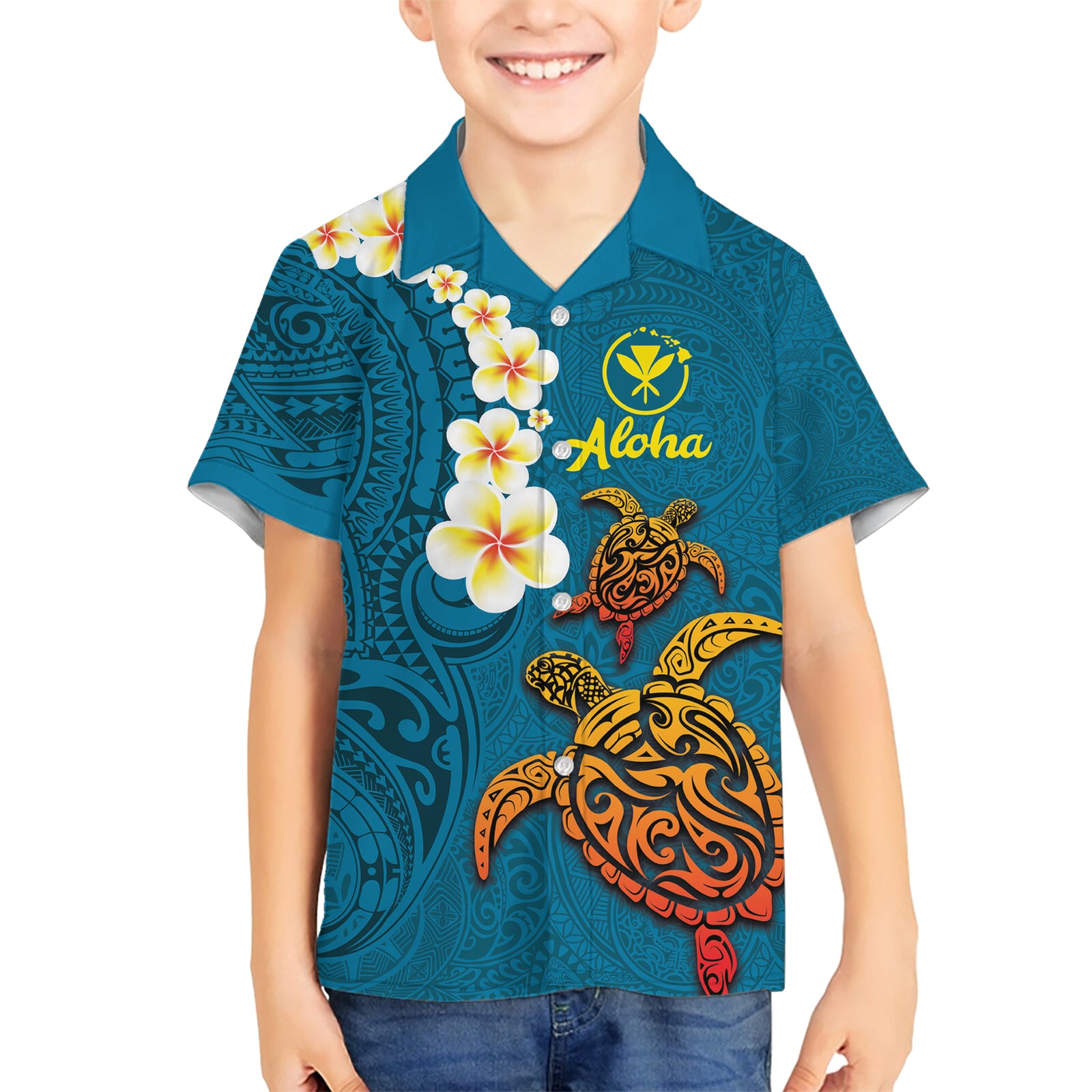 Hawaii Turtle Plumeria Flower Kid Hawaiian Shirt Polynesian Pattern Blue Color LT03 Kid Blue - Polynesian Pride