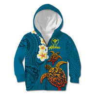 Hawaii Turtle Plumeria Flower Kid Hoodie Polynesian Pattern Blue Color