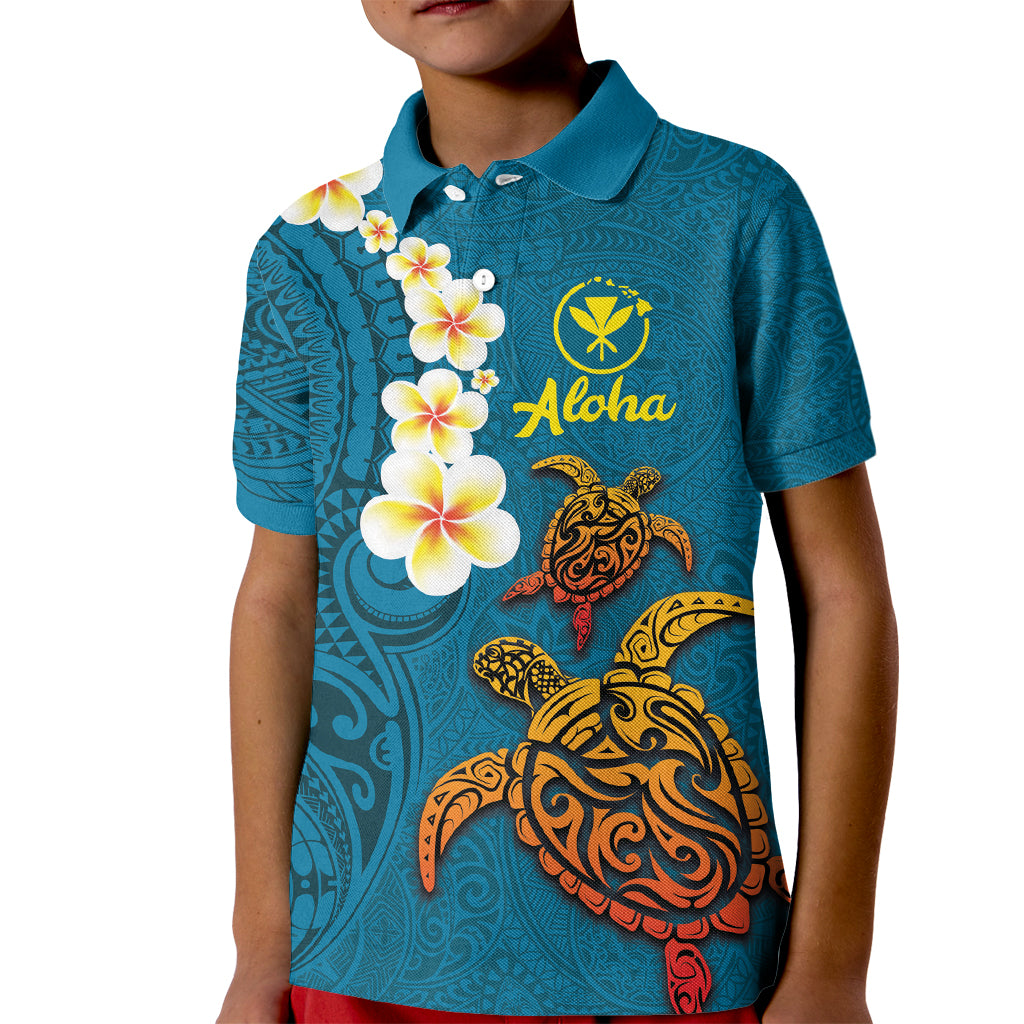 Hawaii Turtle Plumeria Flower Kid Polo Shirt Polynesian Pattern Blue Color