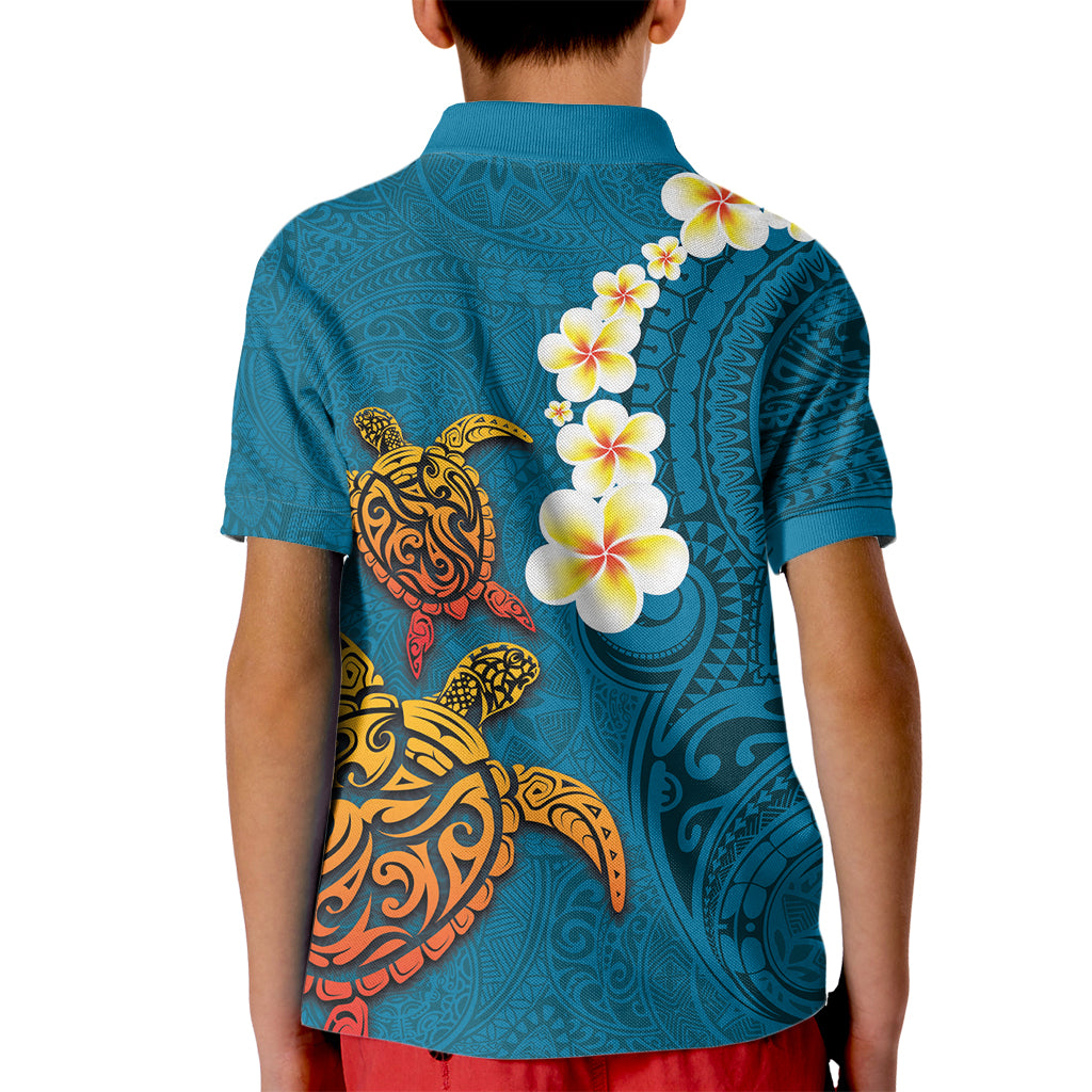 Hawaii Turtle Plumeria Flower Kid Polo Shirt Polynesian Pattern Blue Color