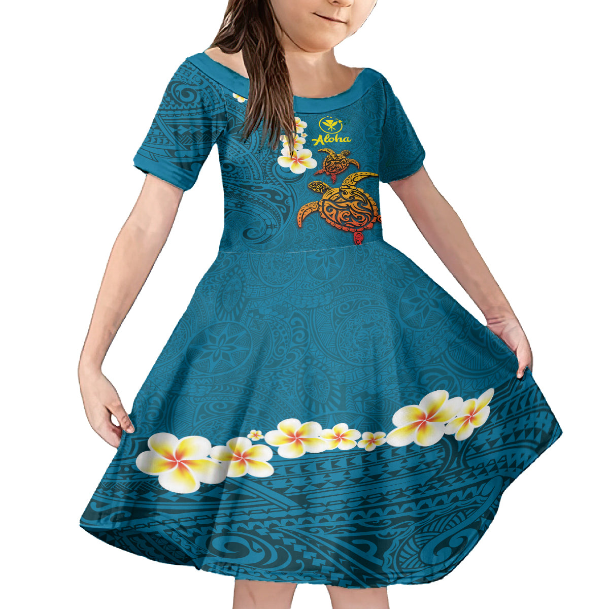 Hawaii Turtle Plumeria Flower Kid Short Sleeve Dress Polynesian Pattern Blue Color