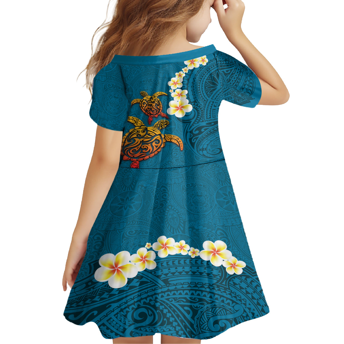 Hawaii Turtle Plumeria Flower Kid Short Sleeve Dress Polynesian Pattern Blue Color