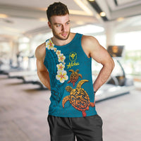 Hawaii Turtle Plumeria Flower Men Tank Top Polynesian Pattern Blue Color LT03 Blue - Polynesian Pride