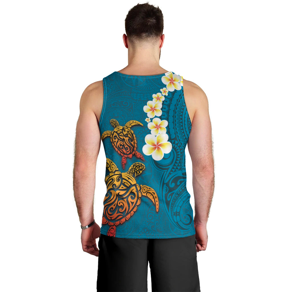 Hawaii Turtle Plumeria Flower Men Tank Top Polynesian Pattern Blue Color LT03 - Polynesian Pride