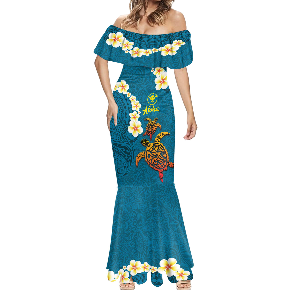 Hawaii Turtle Plumeria Flower Mermaid Dress Polynesian Pattern Blue Color