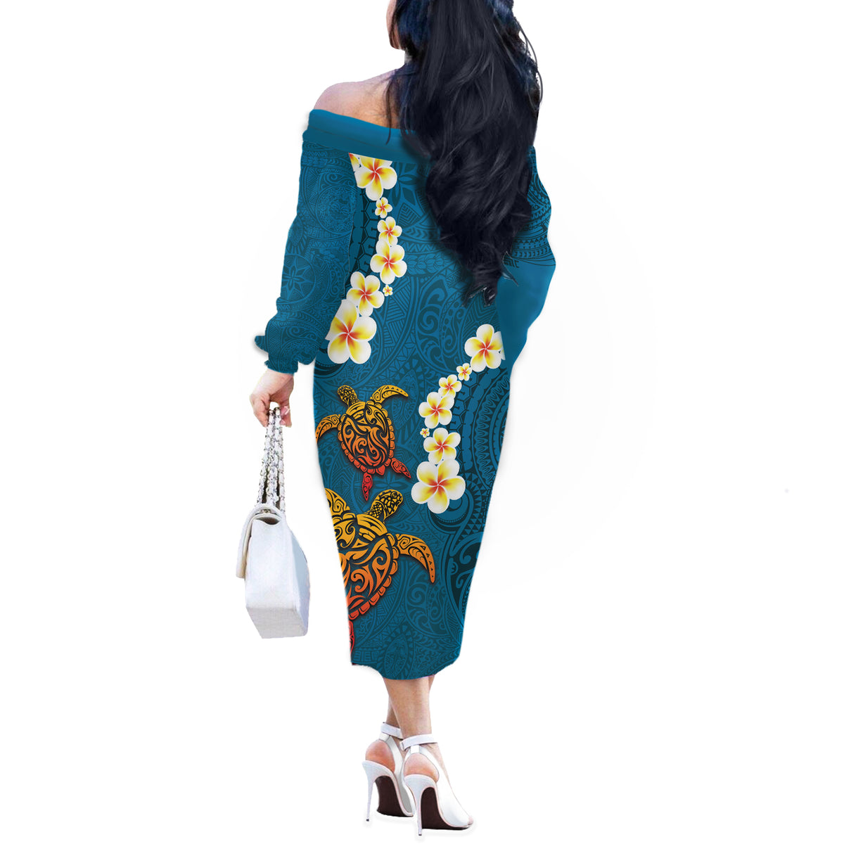 Hawaii Turtle Plumeria Flower Off The Shoulder Long Sleeve Dress Polynesian Pattern Blue Color