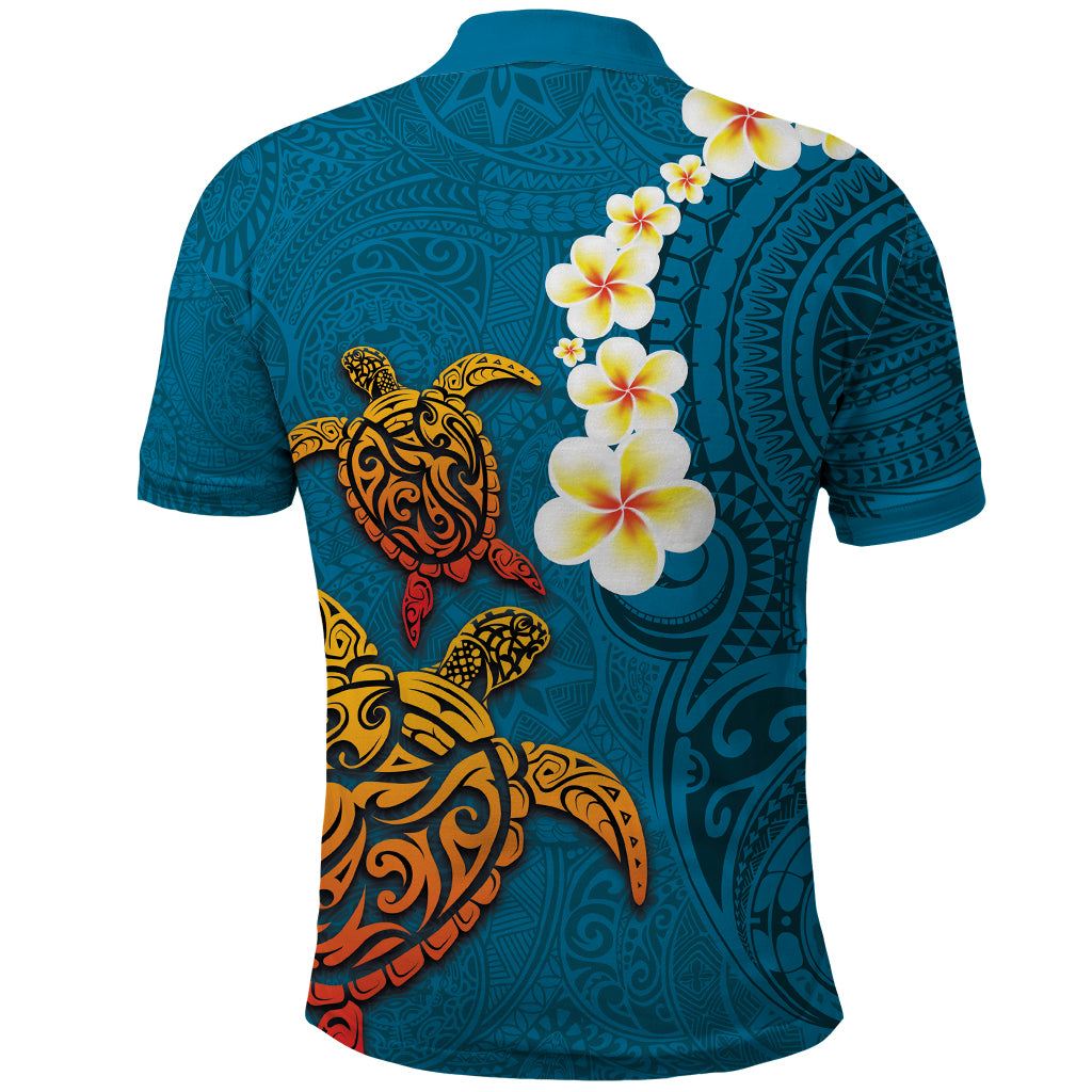 Hawaii Turtle Plumeria Flower Polo Shirt Polynesian Pattern Blue Color