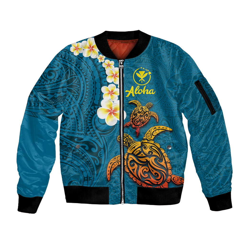 Hawaii Turtle Plumeria Flower Sleeve Zip Bomber Jacket Polynesian Pattern Blue Color