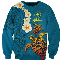Hawaii Turtle Plumeria Flower Sweatshirt Polynesian Pattern Blue Color