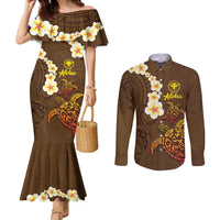 Hawaii Turtle Plumeria Flower Couples Matching Mermaid Dress and Long Sleeve Button Shirt Polynesian Pattern Brown Color LT03 Brown - Polynesian Pride