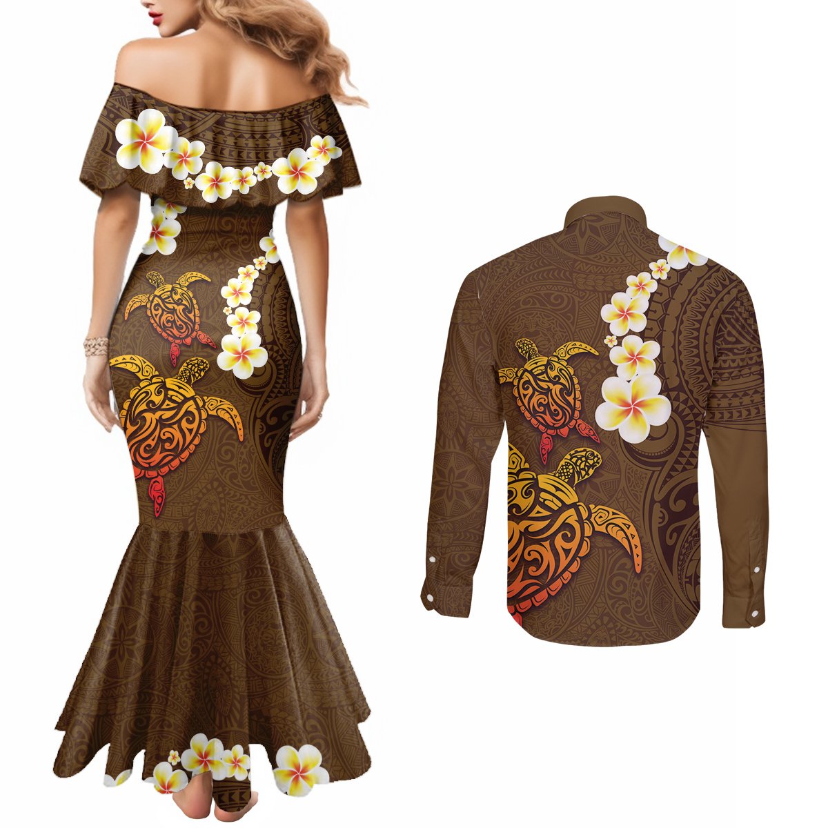 Hawaii Turtle Plumeria Flower Couples Matching Mermaid Dress and Long Sleeve Button Shirt Polynesian Pattern Brown Color LT03 - Polynesian Pride
