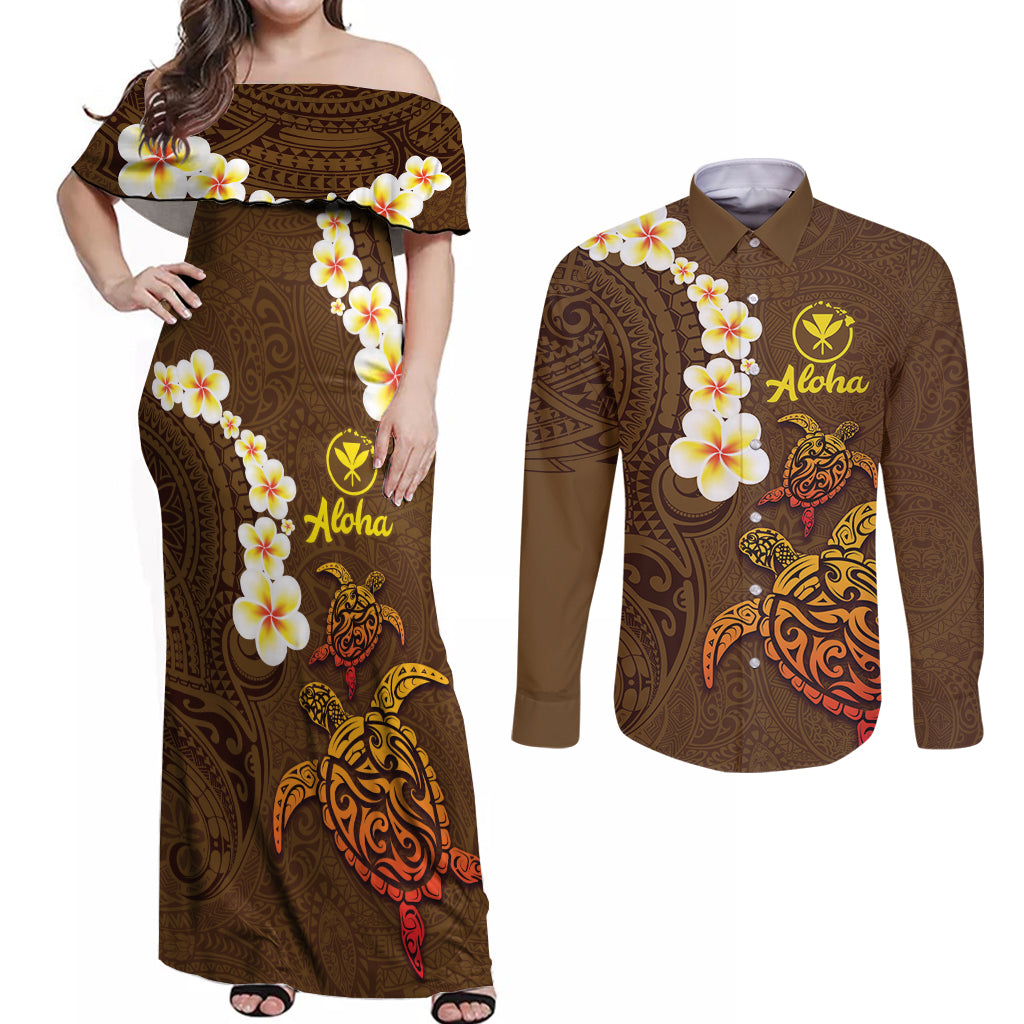 Hawaii Turtle Plumeria Flower Couples Matching Off Shoulder Maxi Dress and Long Sleeve Button Shirt Polynesian Pattern Brown Color LT03 Brown - Polynesian Pride