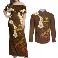 Hawaii Turtle Plumeria Flower Couples Matching Off Shoulder Maxi Dress and Long Sleeve Button Shirt Polynesian Pattern Brown Color