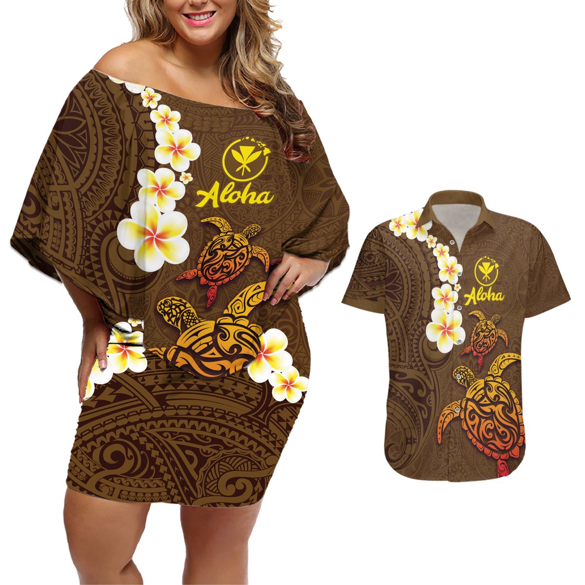 Hawaii Turtle Plumeria Flower Couples Matching Off Shoulder Short Dress and Hawaiian Shirt Polynesian Pattern Brown Color LT03 Brown - Polynesian Pride