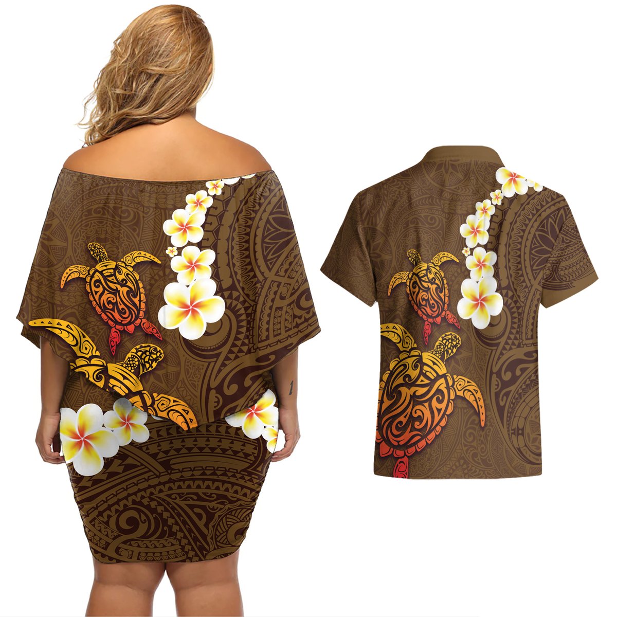 Hawaii Turtle Plumeria Flower Couples Matching Off Shoulder Short Dress and Hawaiian Shirt Polynesian Pattern Brown Color LT03 - Polynesian Pride