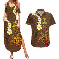 Hawaii Turtle Plumeria Flower Couples Matching Summer Maxi Dress and Hawaiian Shirt Polynesian Pattern Brown Color LT03 Brown - Polynesian Pride