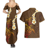 Hawaii Turtle Plumeria Flower Couples Matching Summer Maxi Dress and Hawaiian Shirt Polynesian Pattern Brown Color LT03 - Polynesian Pride