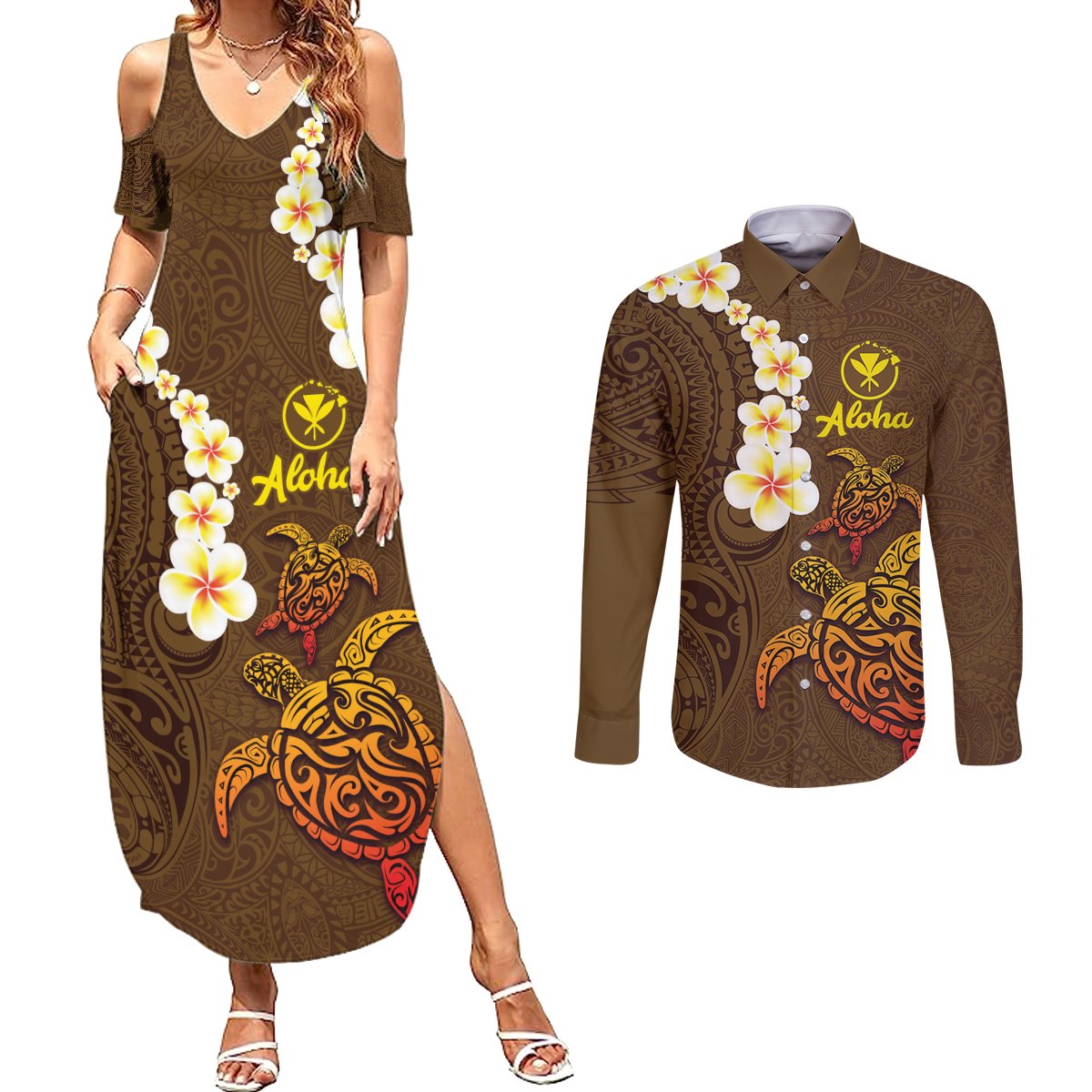 Hawaii Turtle Plumeria Flower Couples Matching Summer Maxi Dress and Long Sleeve Button Shirt Polynesian Pattern Brown Color LT03 Brown - Polynesian Pride