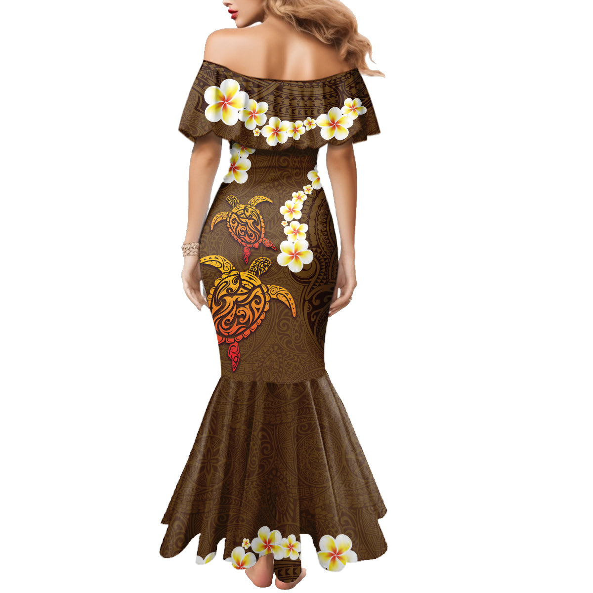Hawaii Turtle Plumeria Flower Family Matching Mermaid Dress and Hawaiian Shirt Polynesian Pattern Brown Color