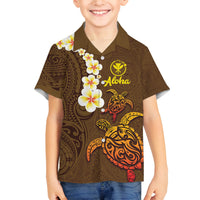 Hawaii Turtle Plumeria Flower Family Matching Off The Shoulder Long Sleeve Dress and Hawaiian Shirt Polynesian Pattern Brown Color