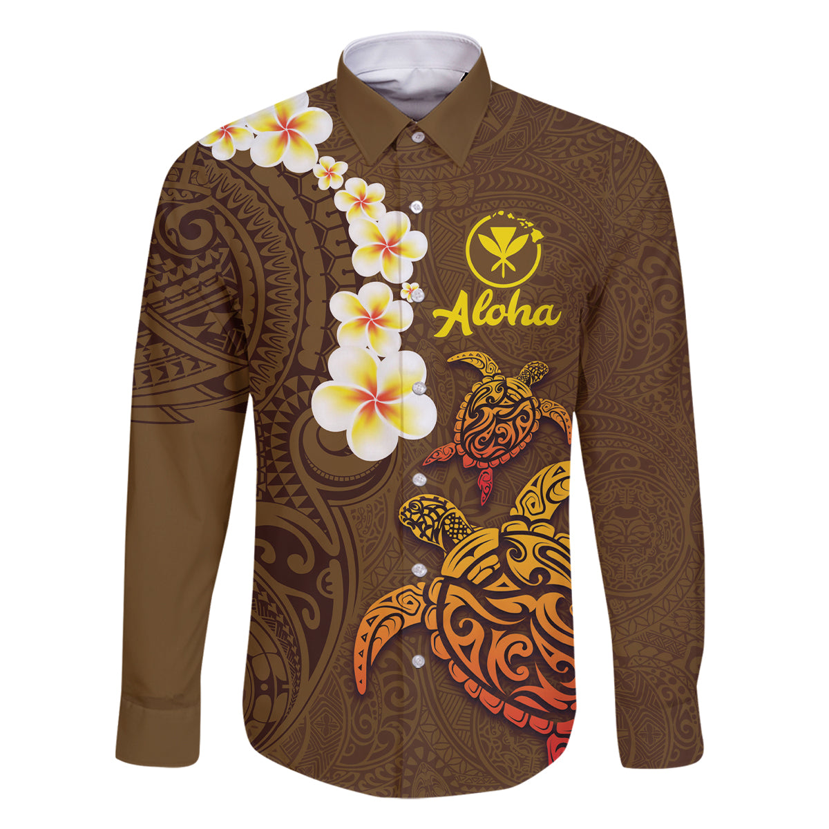 Hawaii Turtle Plumeria Flower Family Matching Off Shoulder Maxi Dress and Hawaiian Shirt Polynesian Pattern Brown Color LT03 Dad's Shirt - Long Sleeve Brown - Polynesian Pride