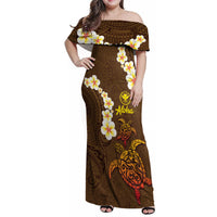Hawaii Turtle Plumeria Flower Family Matching Off Shoulder Maxi Dress and Hawaiian Shirt Polynesian Pattern Brown Color LT03 Mom's Dress Brown - Polynesian Pride
