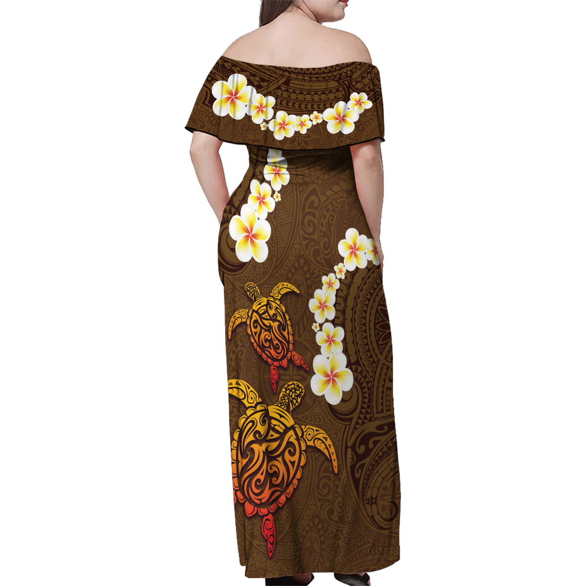 Hawaii Turtle Plumeria Flower Family Matching Off Shoulder Maxi Dress and Hawaiian Shirt Polynesian Pattern Brown Color LT03 - Polynesian Pride