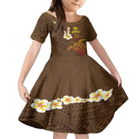 Hawaii Turtle Plumeria Flower Family Matching Off Shoulder Short Dress and Hawaiian Shirt Polynesian Pattern Brown Color LT03 Daughter's Dress Brown - Polynesian Pride