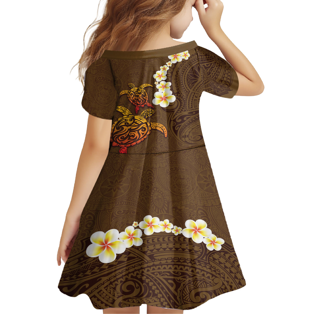 Hawaii Turtle Plumeria Flower Family Matching Off Shoulder Short Dress and Hawaiian Shirt Polynesian Pattern Brown Color LT03 - Polynesian Pride