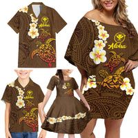Hawaii Turtle Plumeria Flower Family Matching Off Shoulder Short Dress and Hawaiian Shirt Polynesian Pattern Brown Color LT03 - Polynesian Pride
