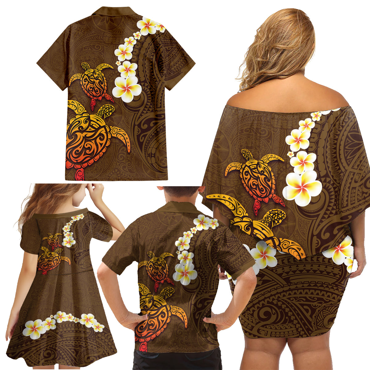 Hawaii Turtle Plumeria Flower Family Matching Off Shoulder Short Dress and Hawaiian Shirt Polynesian Pattern Brown Color LT03 - Polynesian Pride