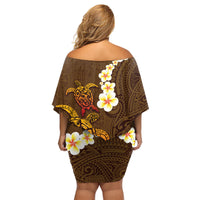 Hawaii Turtle Plumeria Flower Family Matching Off Shoulder Short Dress and Hawaiian Shirt Polynesian Pattern Brown Color LT03 - Polynesian Pride