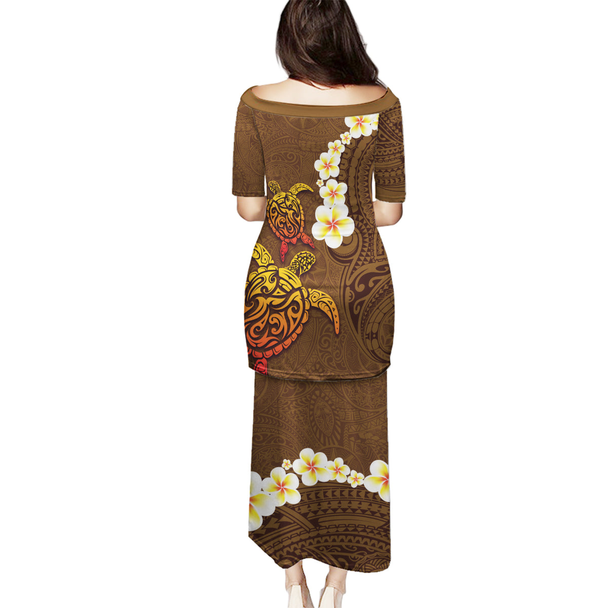 Hawaii Turtle Plumeria Flower Family Matching Puletasi and Hawaiian Shirt Polynesian Pattern Brown Color LT03 - Polynesian Pride