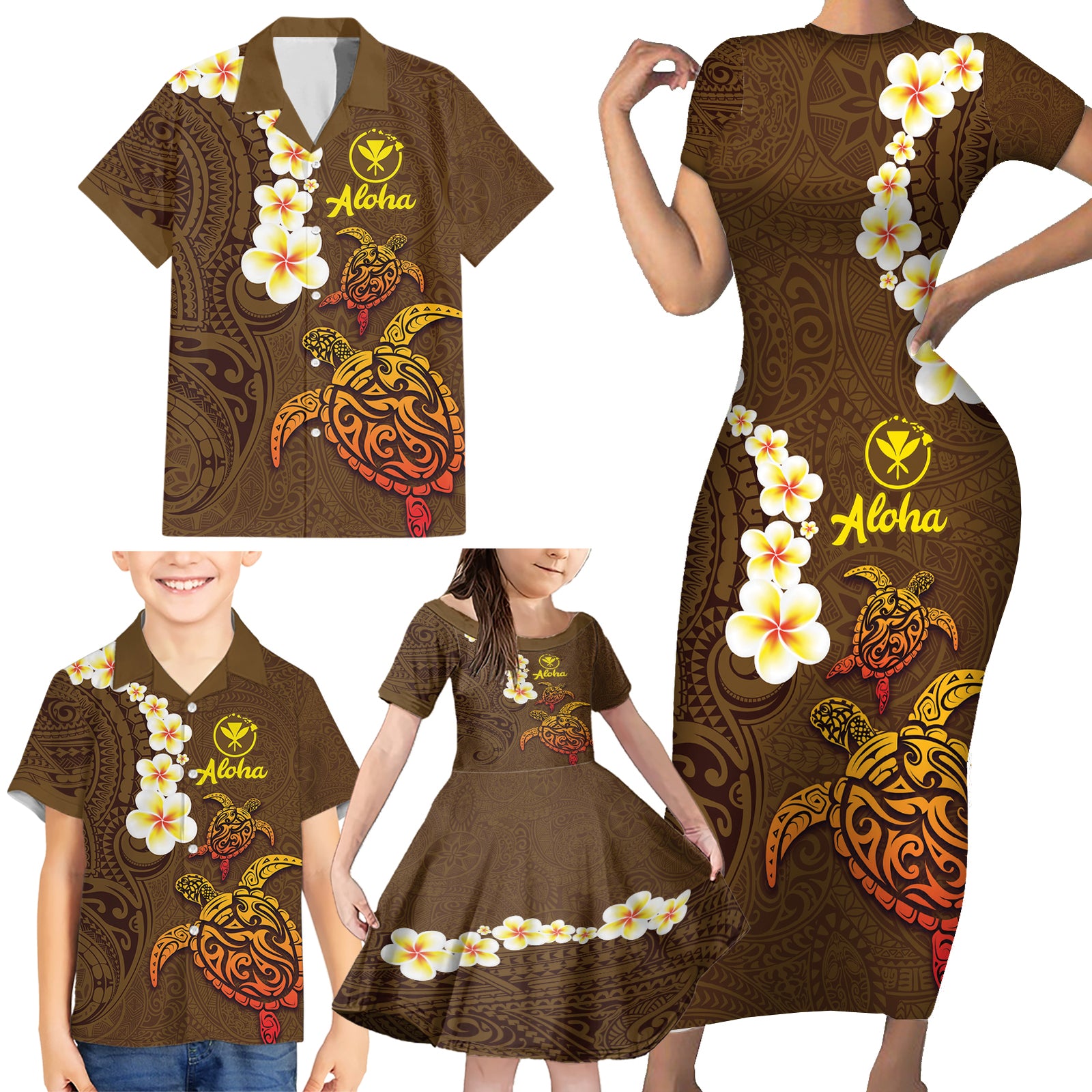 Hawaii Turtle Plumeria Flower Family Matching Short Sleeve Bodycon Dress and Hawaiian Shirt Polynesian Pattern Brown Color LT03 - Polynesian Pride