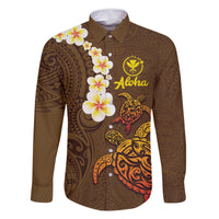 Hawaii Turtle Plumeria Flower Family Matching Summer Maxi Dress and Hawaiian Shirt Polynesian Pattern Brown Color LT03 Dad's Shirt - Long Sleeve Brown - Polynesian Pride