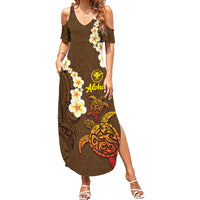 Hawaii Turtle Plumeria Flower Family Matching Summer Maxi Dress and Hawaiian Shirt Polynesian Pattern Brown Color LT03 Mom's Dress Brown - Polynesian Pride