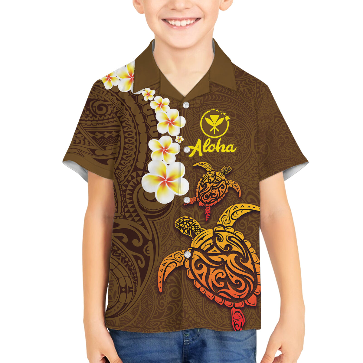 Hawaii Turtle Plumeria Flower Family Matching Tank Maxi Dress and Hawaiian Shirt Polynesian Pattern Brown Color